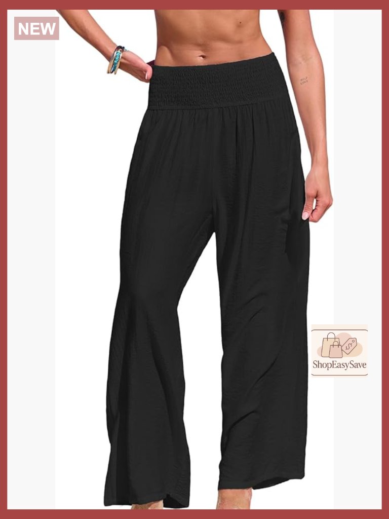 High Waist Wide Leg Beach Coverup Pants Smocked Boho Casual Vacation Outfits